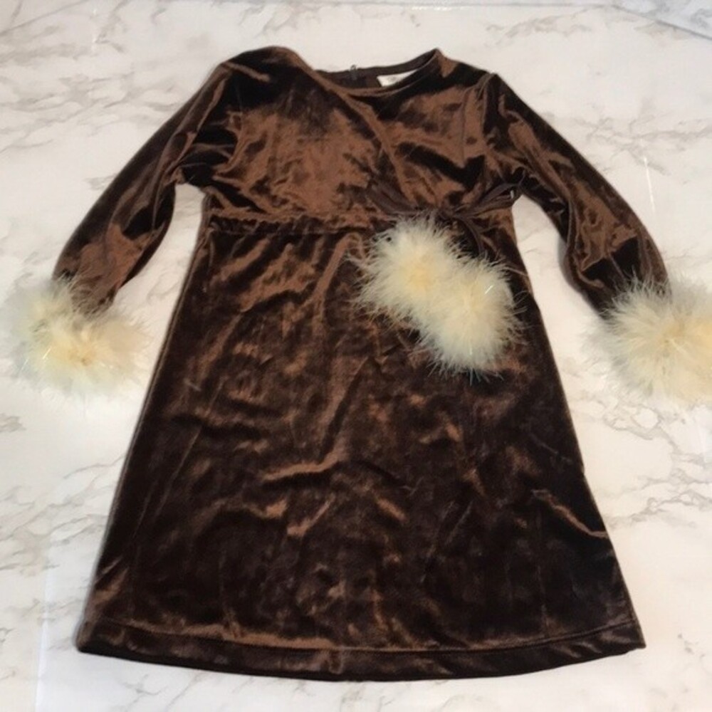 Bonnie jean brown velvet little girls dress with Pom‎ poms size 3t